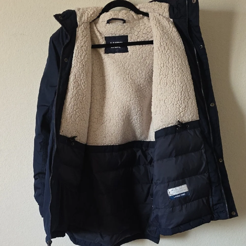 Lands' End - Unisex's Kids Large, Expedition Down Parka Navy Blue Hooded Sherpa